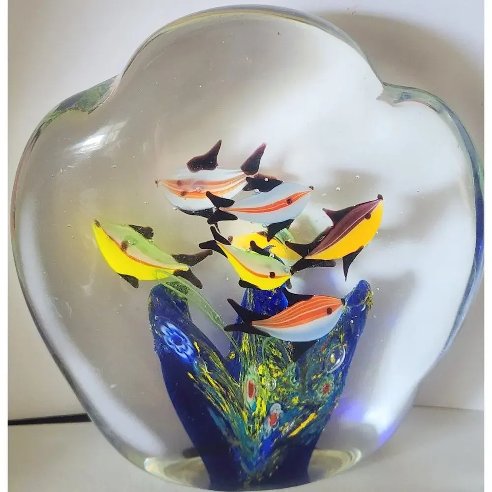 Vintage Blown Art Glass Fish Coral Paperweight Clam Scallop Coral Double Sided